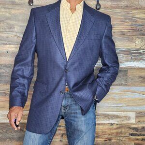 Jos. A. Bank Signature Collection Shinny Silk Wool Blue Check Jacket Blazer 41R